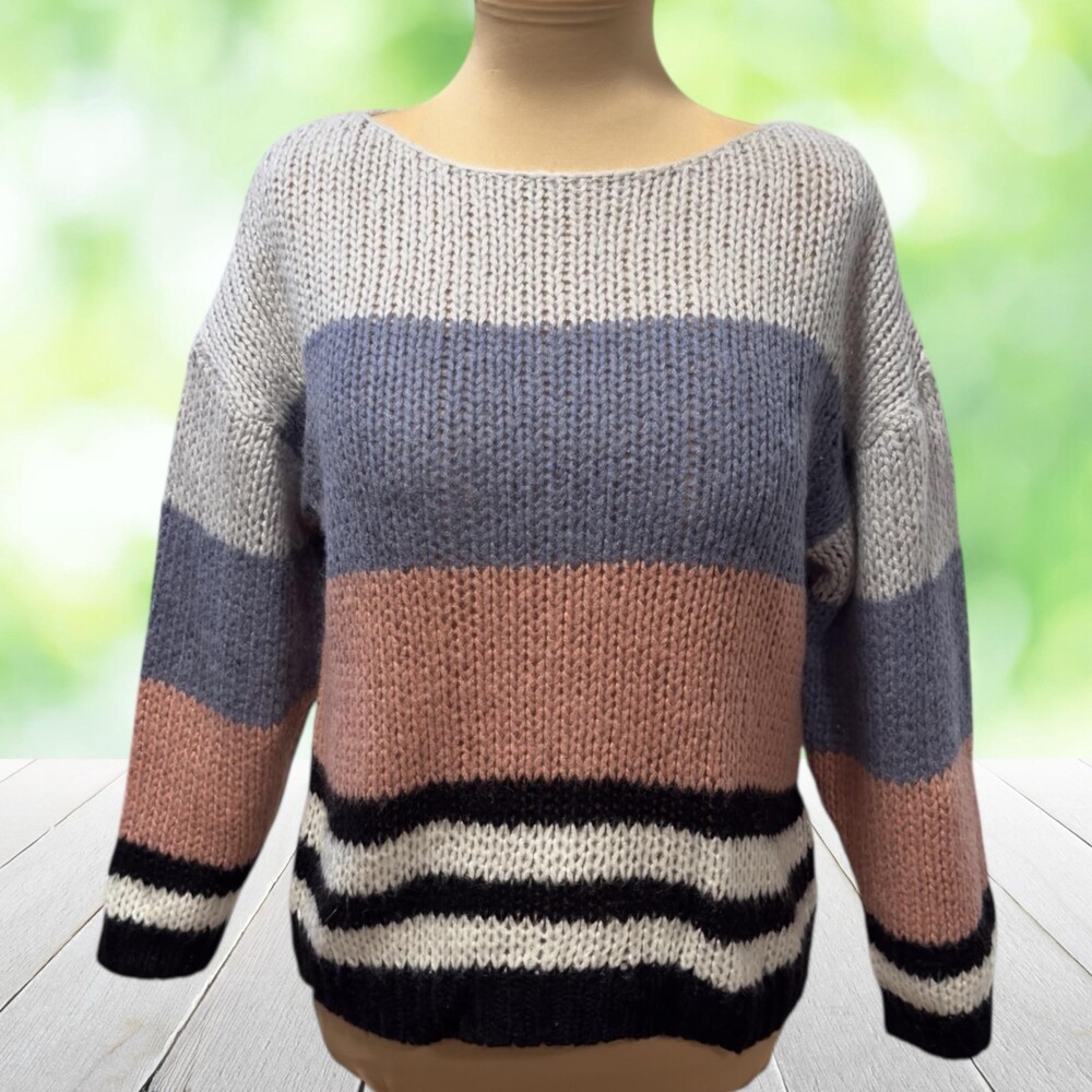 LUCKY BRAND Wool Blend Chunky Knit Sweater Striped Boat Neck Pink Gray Size L